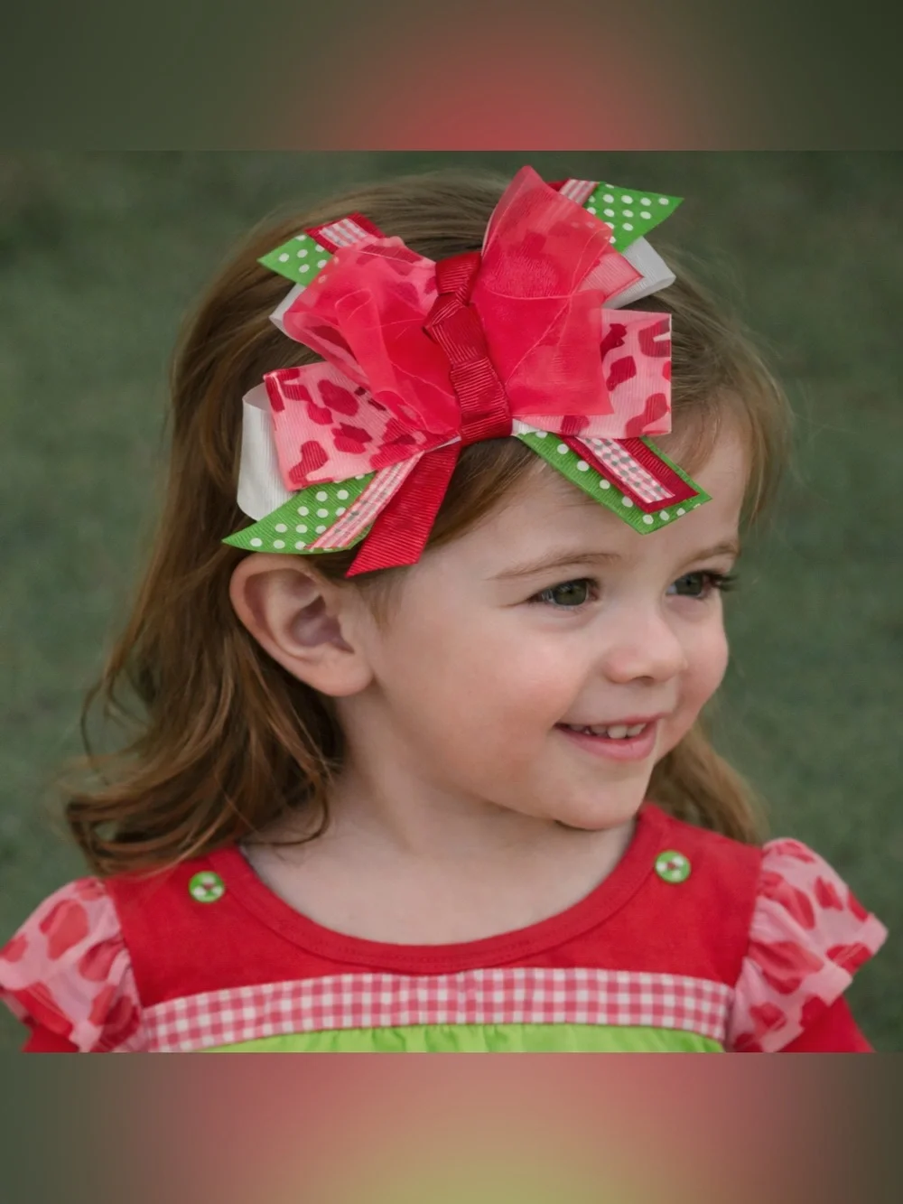 Girls Layered‎ Ribbon Hair Bow - Red, Pink & Green Camo Polka Dots